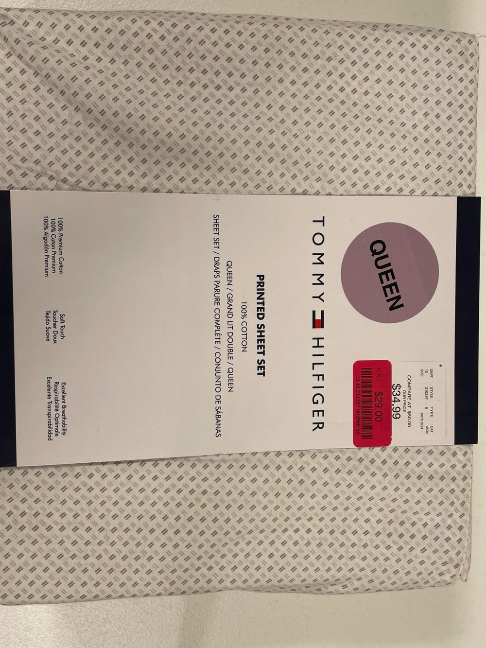 Tommy Hilfiger Queen Printed Sheet Set in White and Light Gray